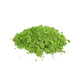 Fototapeta Mapy - Heap of organic healthy matcha ground powder of green tea leaves which contains caffeine, theanine, tannin and vitamins used as ingredient of natural antioxidant drink isolated on white background