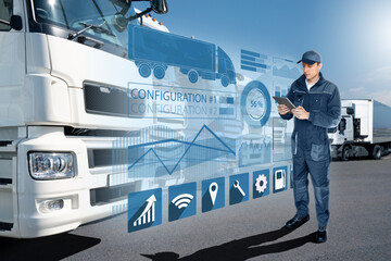 Poster - Manager with a digital tablet next to trucks. Fleet management	