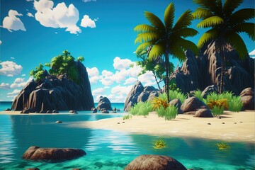 Poster - Tropical beach landscape with palm trees. Colorful cartoon modern illustration, good for your design. AI
