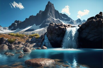 Poster - Waterfall scenery landscape, water stream Colorful cartoon modern illustration, good for your design. AI