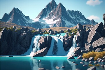 Poster - Waterfall scenery landscape, water stream Colorful cartoon modern illustration, good for your design. AI