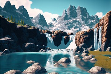 Poster - Waterfall scenery landscape, water stream Colorful cartoon modern illustration, good for your design. AI