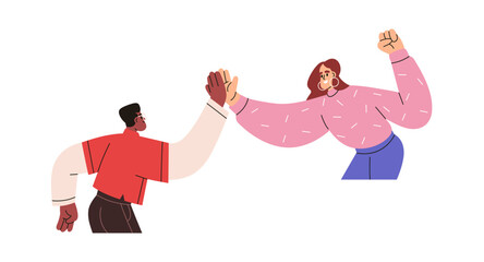 Poster - Happy man and woman giving high-five, supporting gesture, clapping hands together. Congrats, deal, trust, success, solidarity concept. Flat graphic vector illustration isolated on white background
