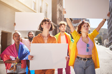 Wall Mural - Lgbt revolution, protest and people with poster walking in city street for freedom, human rights and equality. Society, justice and lgbtq community crowd with mockup billboard space for social change