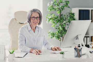 Sticker - Photo portrait of senior woman entrepreneur toothy smiling analyzing company money worker director modern indoors inside home room