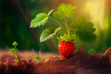 Young Plant Of Strawberries With Red Berry In The Morning Light On Nature Background. Created With Generative AI Technology.