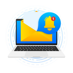 Poster - New Notification on laptop screen. Laptop with notification bell. Unread Notification Message bubble. Messaging spam, problems notifications. Vector illustration.