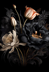 Still life of black flowers. Centerpiece and decoration bouquet. Ai generated.