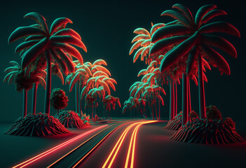 Wall Mural - Spectacular AI-Generated 3D Neon Jungle: A Vibrant Render of Wild Tropical Fauna and Flora in Glowing Motion