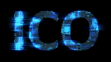 Poster - defocused glitch electrical light cybernetical blue text ICO, isolated - object 3D illustration