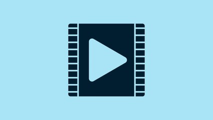 Poster - Blue Play Video icon isolated on blue background. Film strip with play sign. 4K Video motion graphic animation