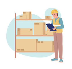 Poster - Delivery management 2D vector isolated illustration. Warehouse manager standing near shelves with boxes flat character on cartoon background. Colorful editable scene for mobile, website, presentation