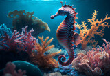 Fototapeta  - Pink seahorse in pastel colors on a background of corals and algae.AI generated.