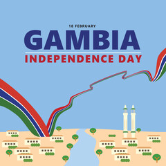 Wall Mural - Gambia independence day vector template design with a long flag, a city, and two mosque minarets. Illustration of African country public holiday.