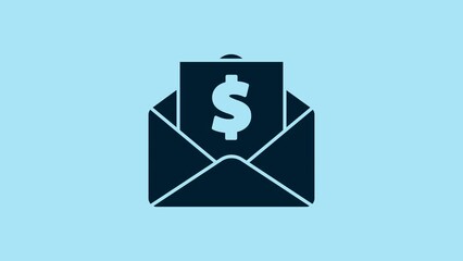 Sticker - Blue Envelope with coin dollar symbol icon isolated on blue background. Salary increase, money payroll, compensation income. 4K Video motion graphic animation