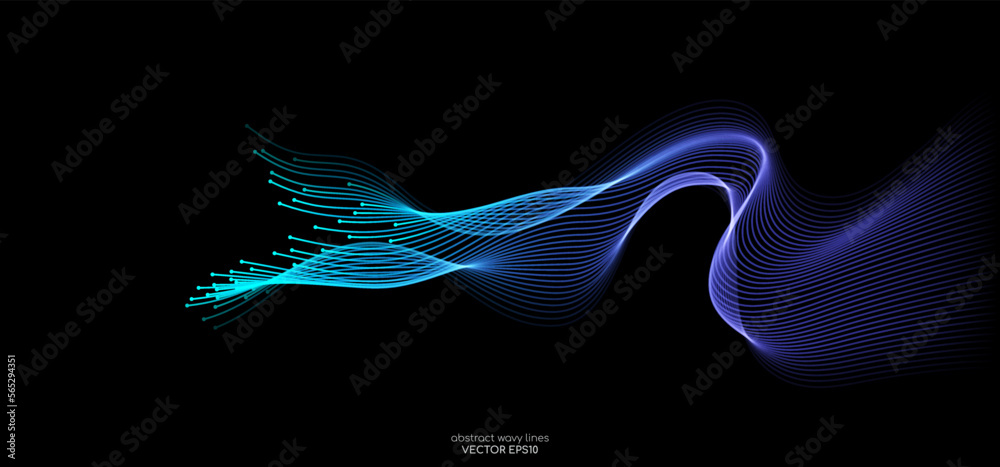 Vector abstract light lines wavy flowing dynamic in blue green purple ...