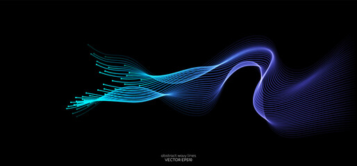Poster - Vector abstract light lines wavy flowing dynamic in blue green purple colors isolated on black background for concept of AI technology, energy, electric, digital, 5G, science, music