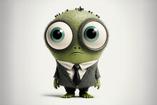 Funny Little Green Monster With Big Eyes Dressed As A Businessman Wearing Suit Shirt Tie White Background
