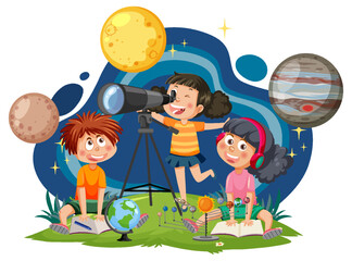 Wall Mural - kids observing planets with telescope