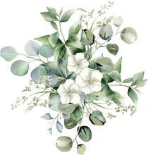 Watercolor Eucalyptus Flower Arrangement. Greenery Branches And Jasmine Flowers Clipart. Foliage Bouquet For Wedding, Stationery, Invitations, Cards. Illustration Isolated On White Background