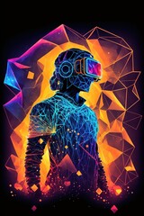 A person with advanced technology parts as vr visors and gadgets in action in a polygon synthwave environment. Futuristic cyberpunk AI. Generative AI image