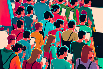 Crowd of diverse people with gadgets. Colorful drawing in flat style. Generative AI