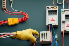 Electricity And Electrical Maintenance Service, Engineer Hand Holding AC Voltmeter Checking Electric Current Voltage At Circuit Breaker Terminal And Cable Wiring Main Power. Generative AI