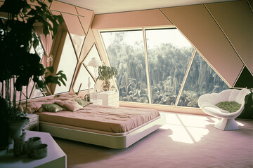 retro futura 1970s bedroom with white and pastel pink colors with beautiful scenic view