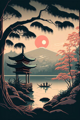 Wall Mural - Vector style illustration of Japanese landscape - AI generative