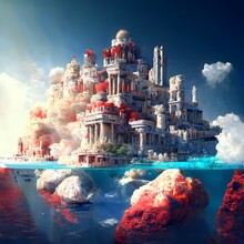 Massive Floating City In Sky Multiple Rocky Islands With Buildings Sunlit Roman Palacial Architecture Fantasy Style Regal White Stone Red Accents Fire Pillar Ornaments Blue Sunny Sky Photorealistic 