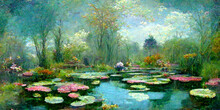 Pond With Flowers, Flowers Paintings Monet Painting Claude Impressionism Paint Landscape Scene Meadows Filled