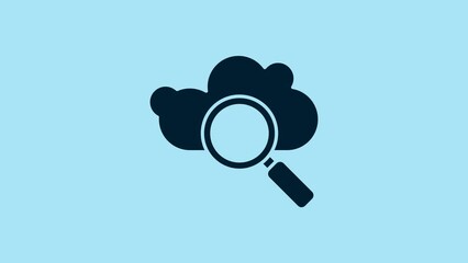 Poster - Blue Search cloud computing icon isolated on blue background. Magnifying glass and cloud. 4K Video motion graphic animation