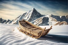 A Wooden Sledge In Front Of A Snowy Mountain Landscape