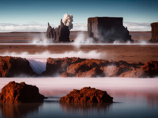 Wall Mural - A mysterious barren landscape with hot springs and waterfalls. 