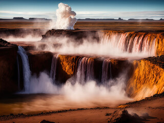 Wall Mural - A mysterious barren landscape with hot springs and waterfalls. 