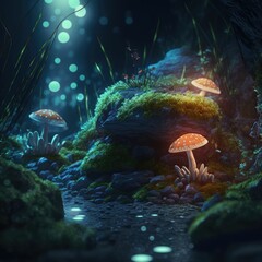 Wall Mural - Glowing mushroom with fireflies in the magic forest ,made with Generative AI