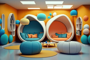 Wall Mural - Illustration of comfy living room from the year 2050 ,made with Generative AI