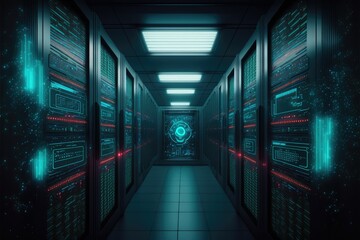 Cyberpunk data center room with mainframe storage servers, vintage cloud network concept, hosting databases and internet ,made with Generative AI