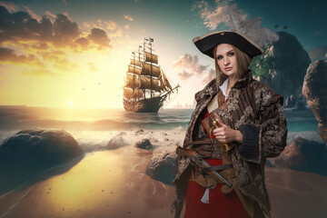 Attractive female buccaneer against background of sea and ship. High quality photo Shot of pirate woman dressed in costume on coast of tropical island.