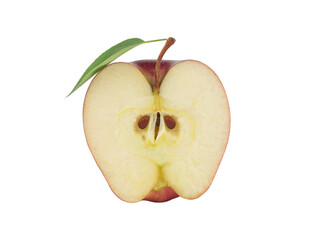 Ripe red apple fruit with apple half and green apple leaf isolated on white background. Apples and leaf. full depth of field.