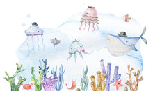 Set Of Sea Watercolor Style Cards. Underwater Creatures, Starfish, Coral, Fish. Marine, Nautical  Wallpaper, Background. Hand Drawn Style. Watercolor Texture. Baby, Kids Design