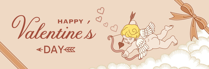 Wall Mural - Valentine's Day design template which include greeting word - Cupid flying on cloud scape, horizontal banner