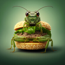 Burger With Green Grasshopper, Insect Protein In Food Products Concept, Generative AI