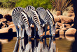 Three zebras at a watering hole. Wild animals drink water from a lake or river. Generative Ai Art.