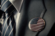 US flag badge close-up on the lapel of a man's business suit jacket. Based on Generative AI