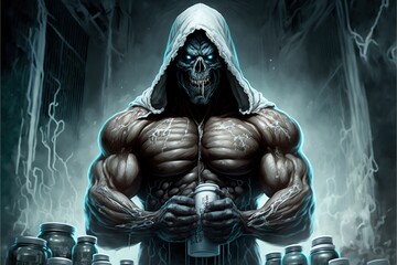 Body builder man with giant muscles drinks sports nutrition. Futuristic fictional man radiates energy, human modified with future technology. Ghost on steroids overdose. Generative AI 