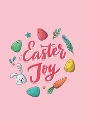 Wall Mural - Easter Joy lettering quote decorated with doodles on pink background. Good for easter cards, posters, prints, banners, invitations, etc. EPS 10