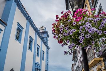 Wall Mural - Selective focus on flowers in vase hanging from street lamp with church of mercy in perspective in Angra do Heroísmo, Terceira - Azores PORTUGAL