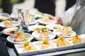 Salmon tatrare in small plates, catering event, banquet food