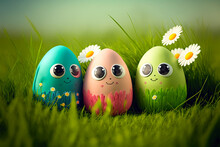 Easter Egg Character. Cute Adorable Easter Background. Generative Ai. Group Of Colorful Eggs Cartoons Characters